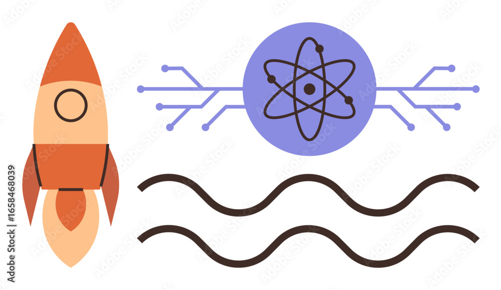 Poster rocket launching, atomic structure surrounded by circuit lines, and waves. ideal for science, techno