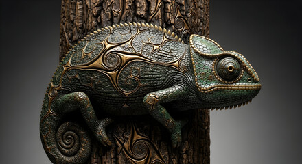 Intricate, stylized chameleon perched on a weathered tree trunk, showcasing detailed patterns and textures.