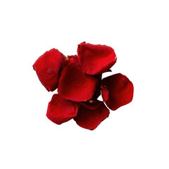 A beautiful arrangement of red rose petals on a white background, ideal for romantic themes, decorations, and floral designs.