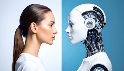 Woman and robot face profile merging on split white and blue background. Abstract and conceptual. Detailed high quality image. 