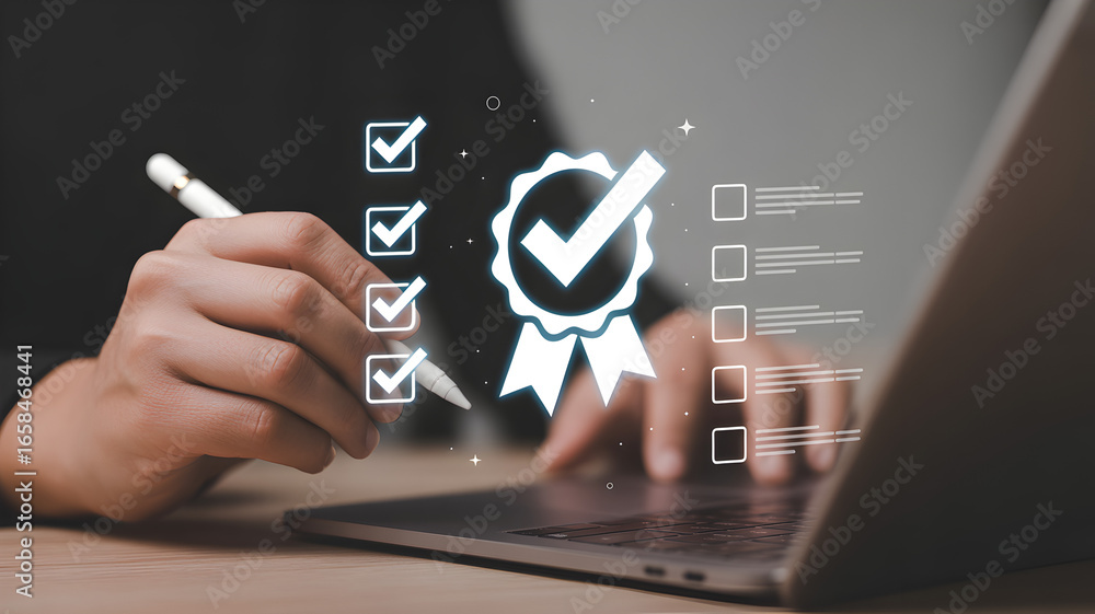 Poster iso certification and quality assurance, businessman working with computer and tablet, symbolizing c