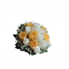 A beautiful bouquet of orange and white roses, arranged elegantly with delicate greenery and baby's breath, perfect for gifts or special occasions, isolated on a white background.