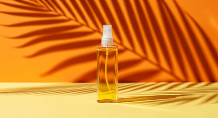 Clear glass spray bottle filled with golden liquid and palm leaf shadows