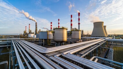 Obraz premium Industrial petrochemical plant with cooling towers and pipelines under a blue sky