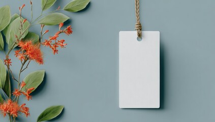 Blank price tag, foliage, and flowers on a muted background