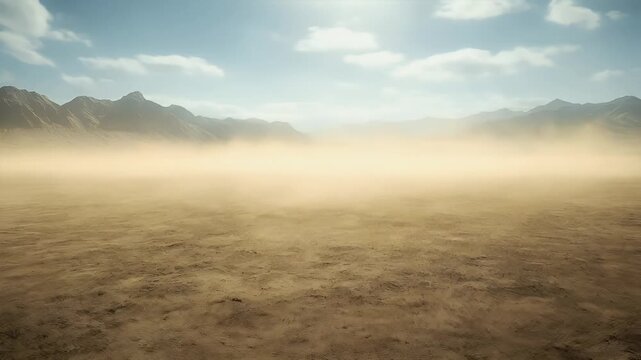 Drought, dry environment. A digital rendering of a desert landscape with mountains in the distance. The sky is clear with a few clouds, and the mountains are covered in a thick layer of dust.
