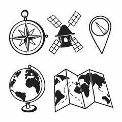 Hand drawn compass, windmill, location pin, globe, and map isolated on white background