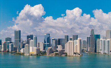 Aerial view of Brickell skyline in downtown Miami. Skyscrapers above Miami. Scenic panorama of...