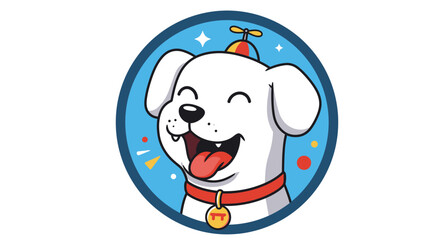 Naklejka premium Joyful White Dog with a Funny Hat Wearing a Red Collar with a Gold Tag and Sparkles and Confetti Around its Head in a Circle Emblem