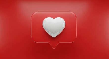 A 3d rendered white heart icon within a red speech bubble notification against a vibrant red background
