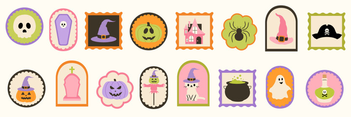 Halloween vintage sticker set. Spooky post stamp collection. Retro Halloween vector designs. Autumn holiday illustrations. Hand drawn Halloween elements for print.