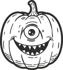 Cyclops pumpkin with one eye and sharp teeth, halloween monster face, spooky carved pumpkin illustration, black and white