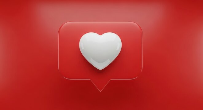 A 3d rendered white heart icon within a red speech bubble notification against a vibrant red background - Powered by Adobe