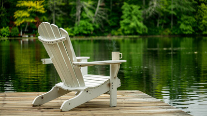 Relaxing white Adirondack chair on wooden dock with steaming coffee cup overlooking serene lake and forest