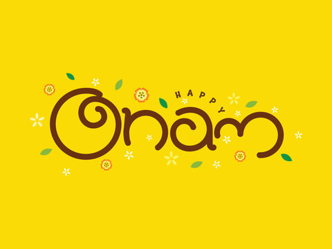 Happy Onam written in English Malayam typography style on a beautiful yellow theme with flowers around in Kerala traditional onam festival theme.