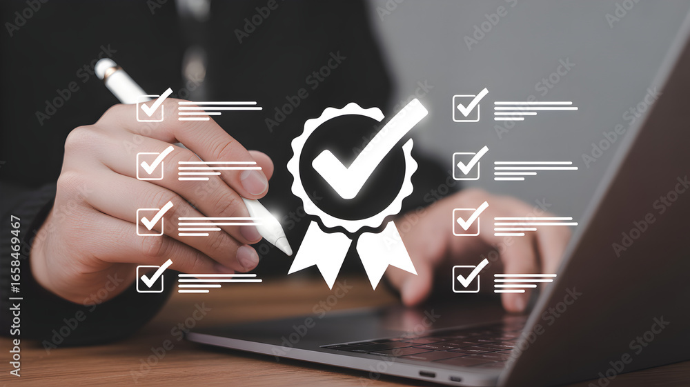 Poster iso certification and quality assurance, businessman working with computer and tablet, symbolizing c