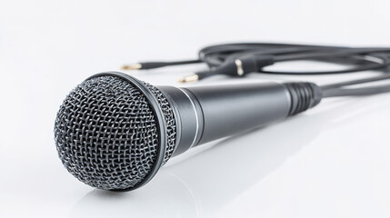 Professional microphone with XLR connection isolated on white, showcasing studio lighting details.