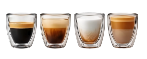 coffee glasses with different types of espresso and cappuccino, isolated on a white background.