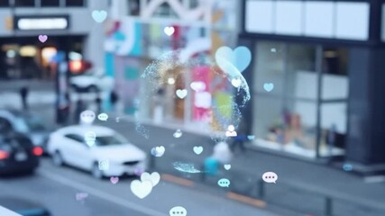 City street with overlay of digital world map and social media icons - Powered by Adobe