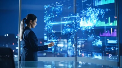Business professional interacts with futuristic digital interface showcasing global data - Powered by Adobe