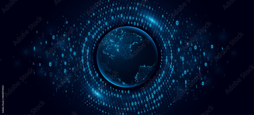 Poster digital planet earth with circular swirling glowing binary code on a dark blue background. global ne