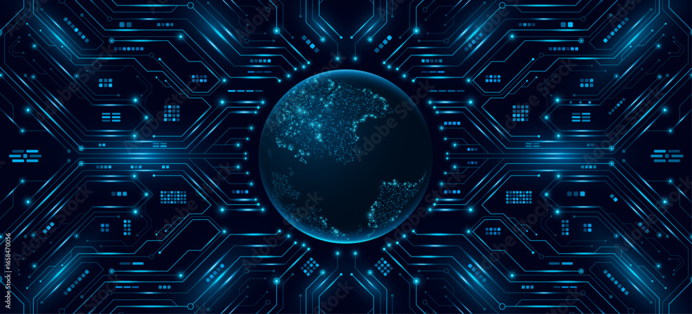 Poster digital earth globe connected with glowing circuit board and electronic elements. futuristic high te