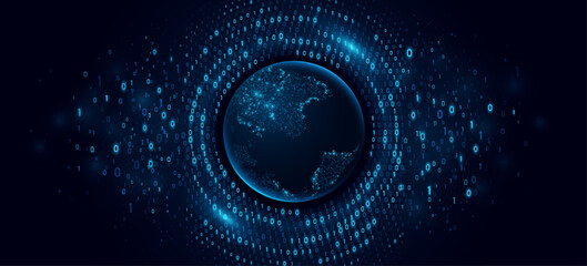 Digital planet Earth with circular swirling glowing binary code on a dark blue background. Global network visualization symbolizing data transfer, programming and virtual communication. Vector.