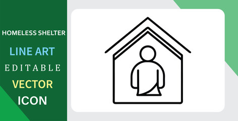 A simple line art icon of a person inside a house. Concept for a homeless shelter, housing aid, and support. Editable vector.