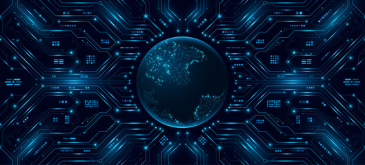 Digital Earth globe connected with glowing circuit board and electronic elements. Futuristic high tech innovation background symbolizing data science and global virtual communication. Vector.