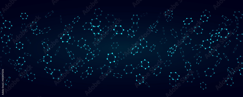 Poster abstract molecular hexagonal structure for scientific background. dynamic flying blue hexagons conne