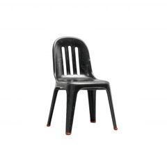A black plastic chair on a white isolated background, showcasing its modern design and durable material, perfect for various settings like offices, homes, and outdoor spaces.