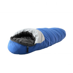 A blue sleeping bag designed for outdoor camping, featuring a comfortable interior and a sleek exterior. Ideal for adventurers seeking warmth and comfort during their travels.