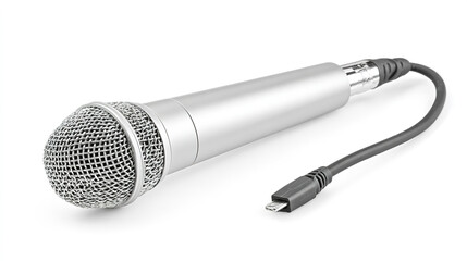 Professional microphone with XLR connection isolated on white, showcasing studio lighting details.