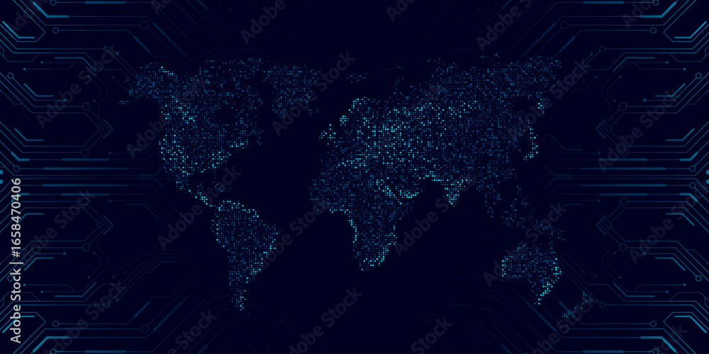 Poster digital world map of glowing dots with futuristic blue circuit board connecting across continents. g
