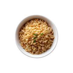 A bowl of brown rice garnished with fresh herbs on a white isolated background.