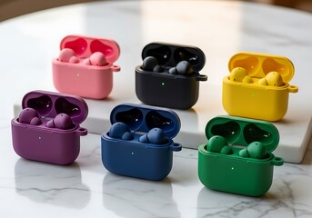 Assortment of Colorful Wireless Earbuds in Charging Cases earphones audio