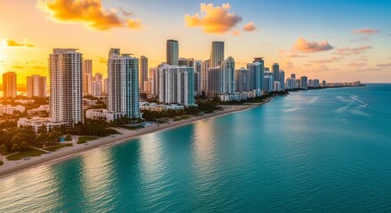 Naklejka premium City Skyline at Golden Hour Coastal Urban Landscape with Aqua Sea