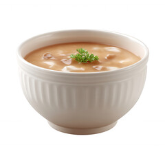 A bowl of creamy soup garnished with fresh parsley, isolated on a white background.