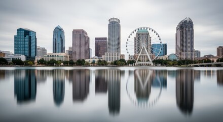 Naklejka premium City Skyline Reflecting on Calm Water with Ferris Wheel Under Cloudy Sky