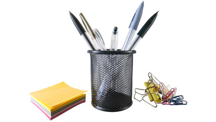 Pens clips and sticky notes on transparent background