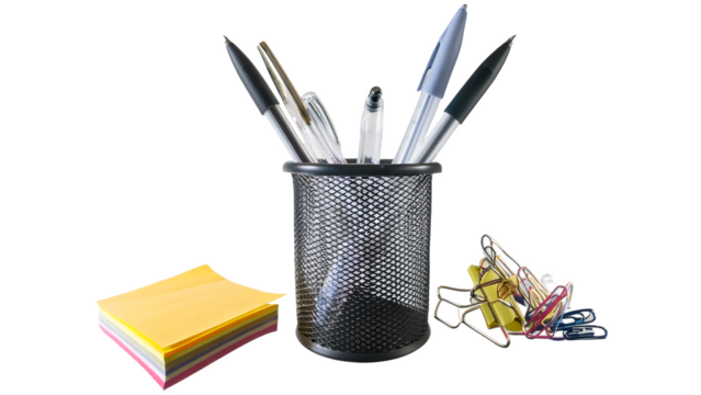 Pens clips and sticky notes on transparent background