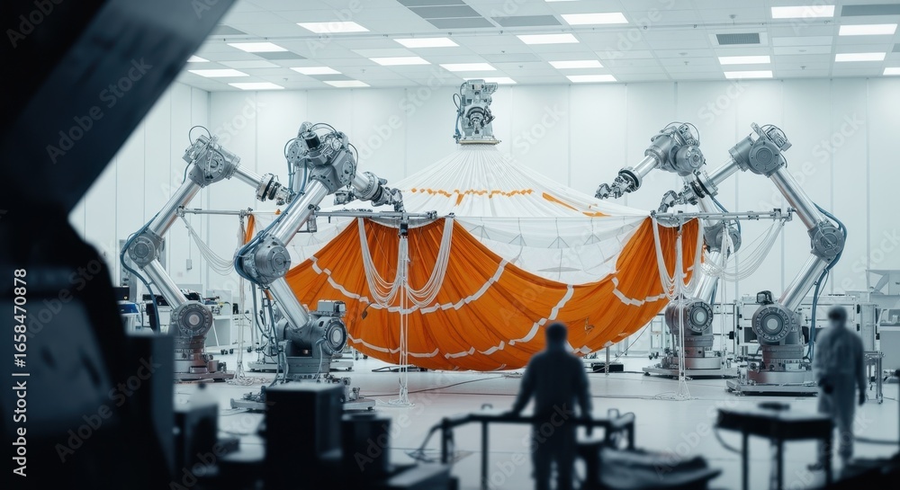 Poster robotic arms assisting in folding and rigging a large supersonic parachute in a highly controlled ma