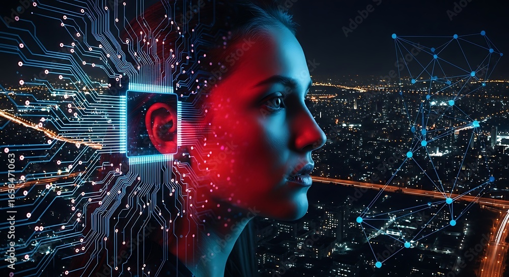 Poster artificial intelligence (ai) and human-machine interface concept with circuit board elements and a n