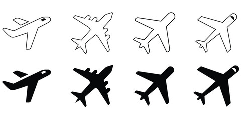 Fototapeta premium Set of black plane silhouette and line icon. Flight transport symbol. Simple airplane icon black and white. Collection of various airplane icons. Aviation industry, transportation, travel and tourism.