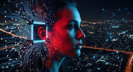 Artificial Intelligence (AI) and human-machine interface concept with circuit board elements and a nocturnal cityscape.
