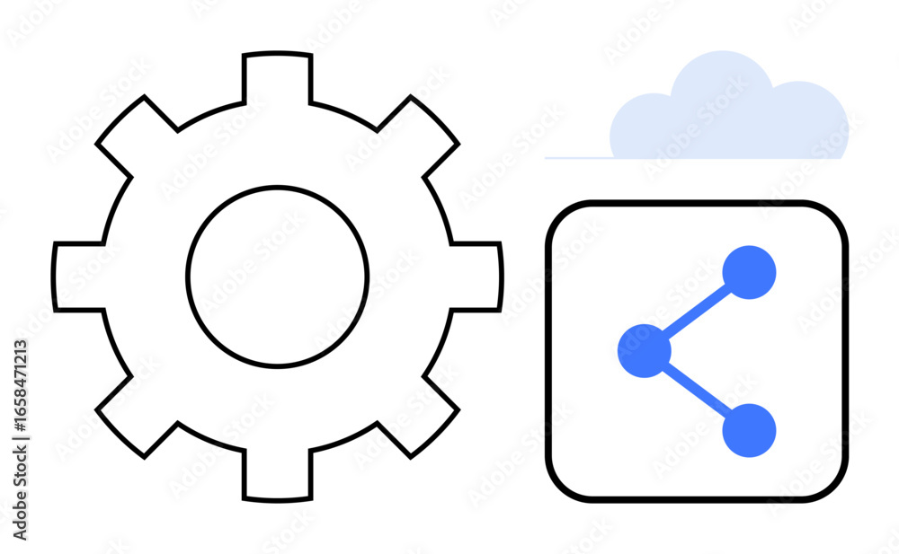 Poster gear representing settings, square with share node for connectivity, and cloud. ideal for innovation