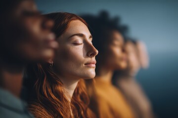 A group of diverse people with closed eyes stand in a peaceful, meditative state, bathed in soft natural light