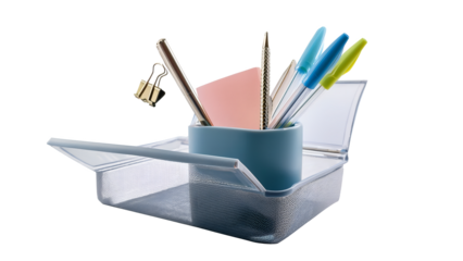 Pens and notes in holder on transparent background