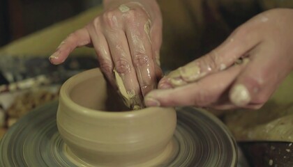 Hands shaping clay pot on pottery wheel