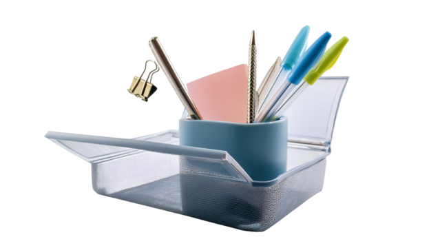 Pens and notes in holder on transparent background